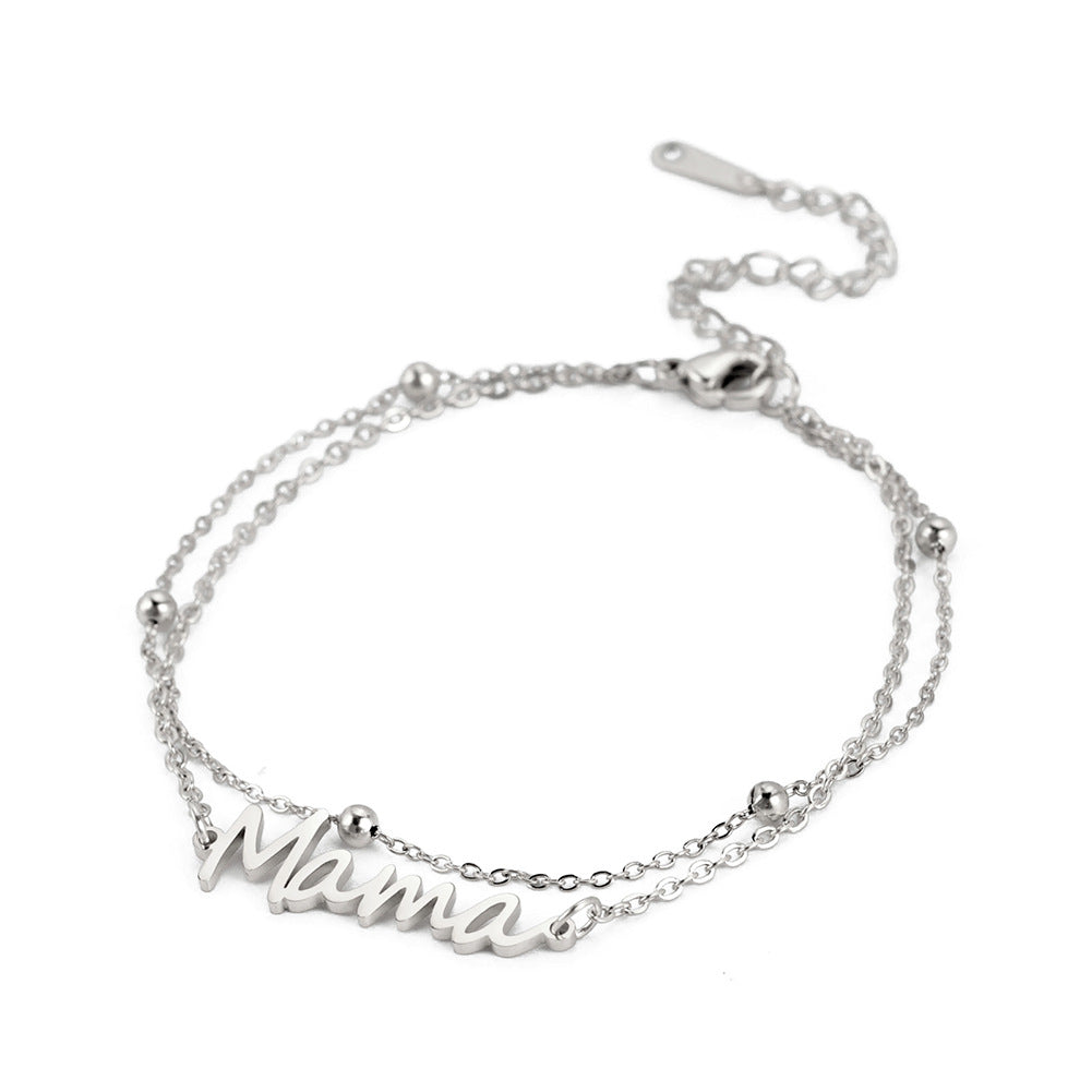 Wholesale Mother's Day Mama Stainless Steel Letter 18K Gold Stacked Beaded Chain Bracelet